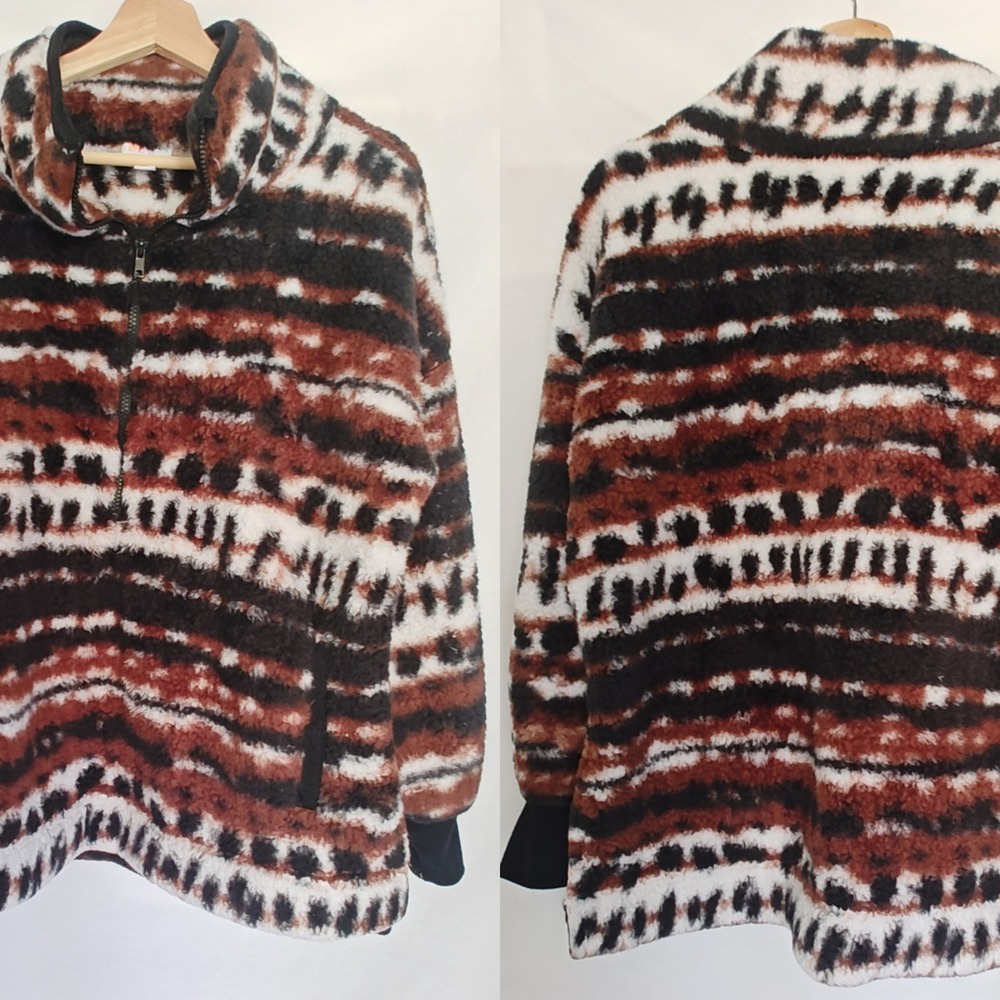 Lularoe Nancy Fleece Pullover Jacket Funnel Neck Brown Black White Abstract‎ XXS